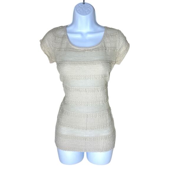 GUESS Y2K Top Cream Fitted Mesh Lace Sheer Sz M Romantic Coquette Blouse Stretch - Picture 1 of 9
